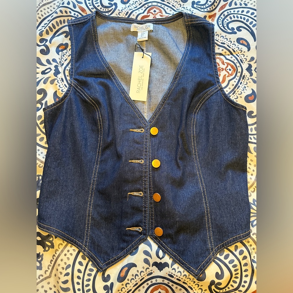 Rachel Zoe Blue Denim Vest with Gold Accents